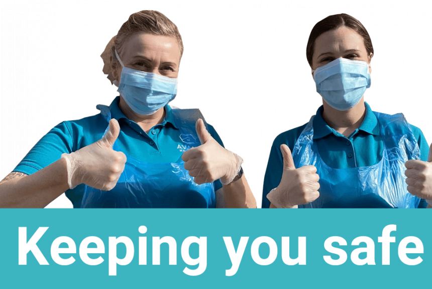 keeping_you_safe Avanti Homecare staff demonstrating the PPE, including Aprons masks and gloves they are wearing to keep people safe.