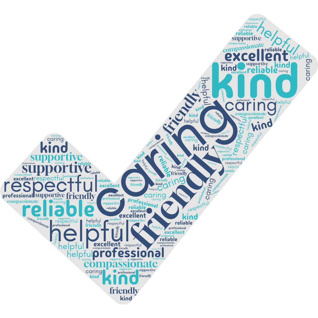 A word cloud including the words Caring, Friendly, Kind, Respectful, Helpful, Reliable, Supportive, Professional, Excellent, Compassionate